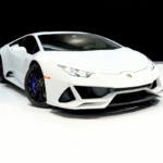 White Lamborghini Huracan Evo Coupe in Luxe AF Motors Warehouse in Houston, Texas