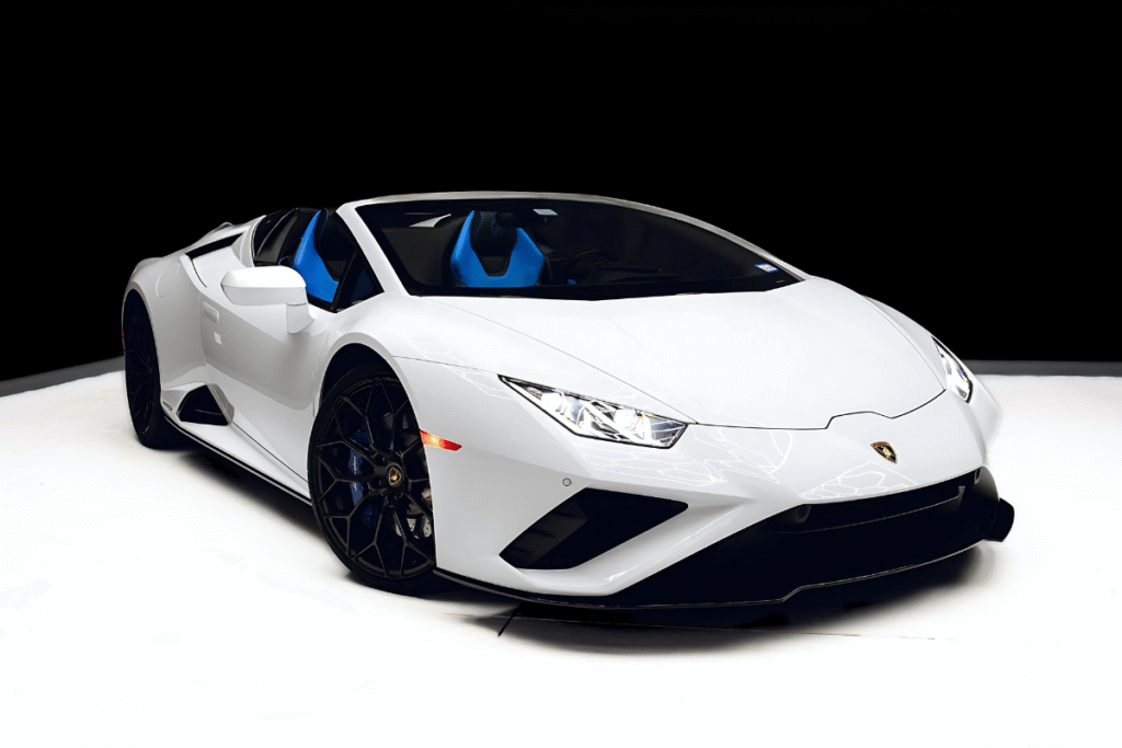 White Lamborghini Huracan Evo Spyder in Luxe AF Motors Warehouse in Houston, Texas