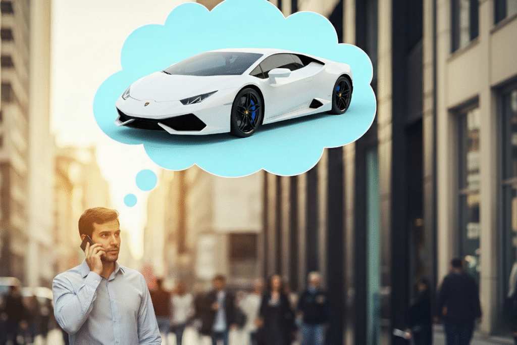 Man on a cell phone with a thought bubble above his head showing an exotic car, indicating he is thinking about renting a luxury vehicle.