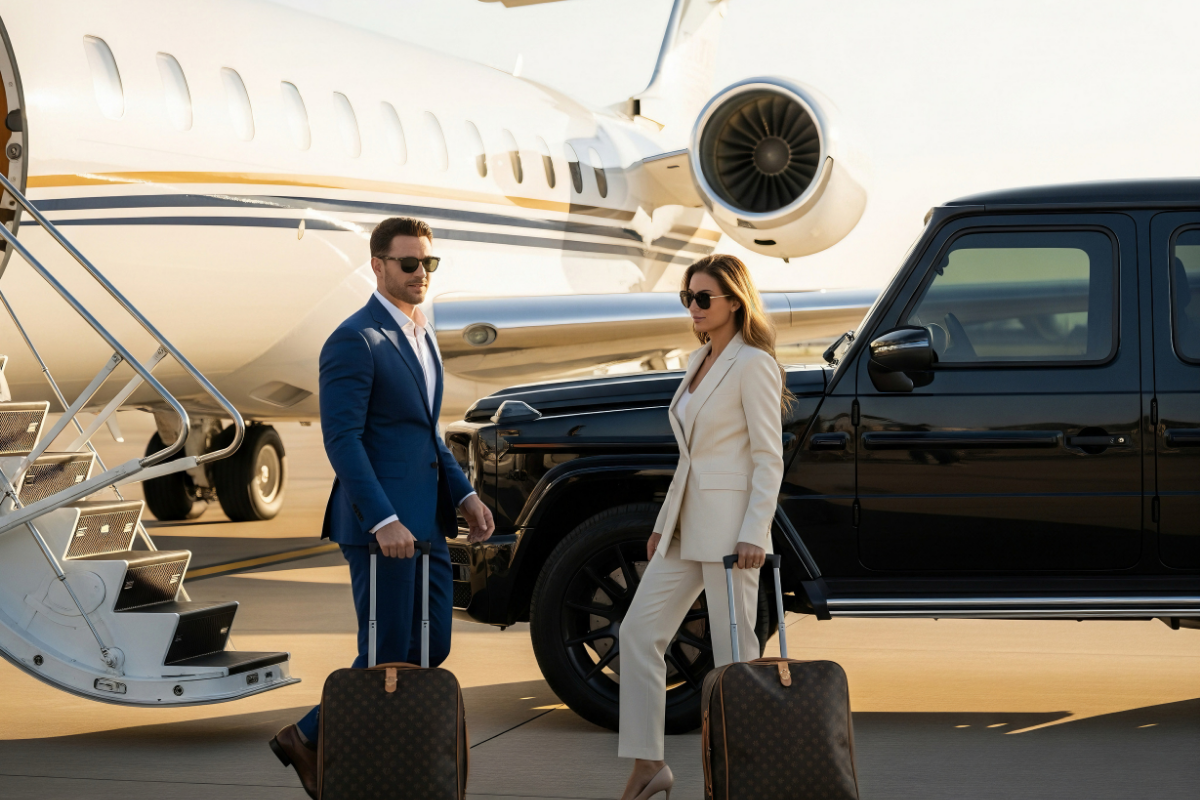 Female and male travelers boarding a private jet with Louis Vuitton luggage and a black Mercedes G-Wagon G63 in the background.
