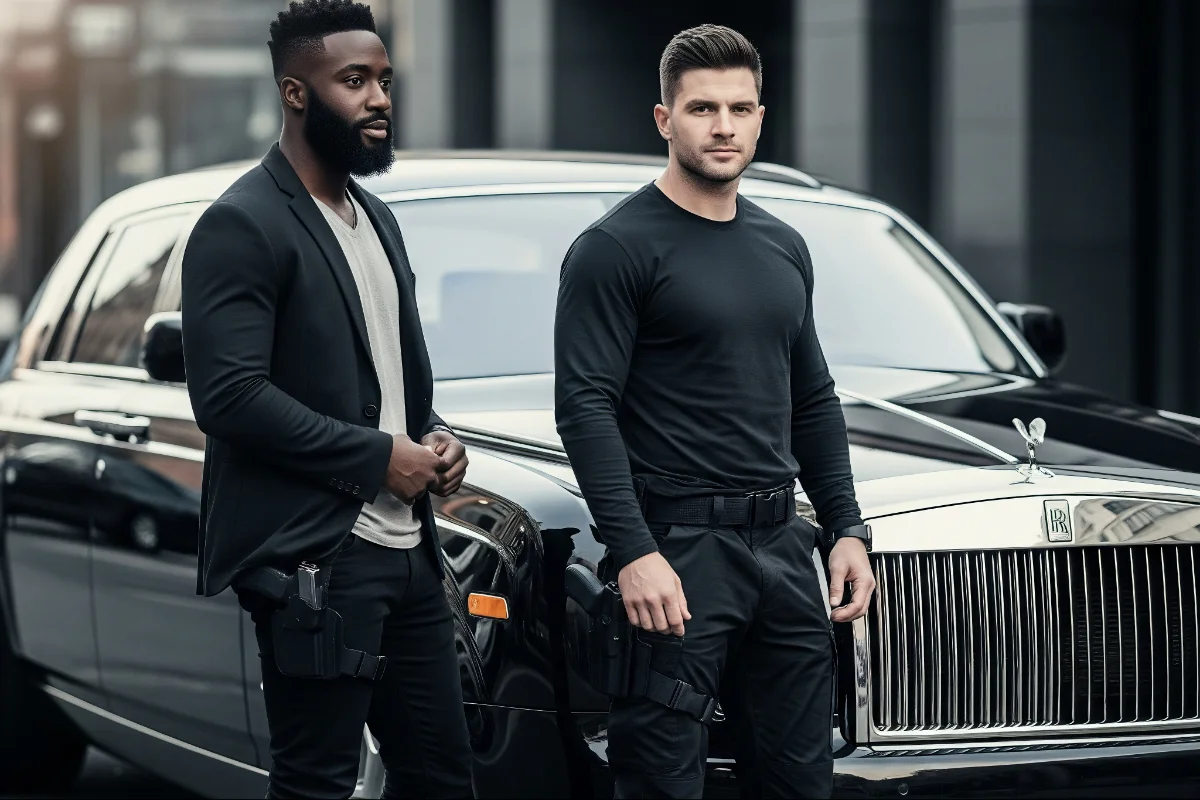 Two private security guards in casual clothing standing in front of a Rolls-Royce on the street.