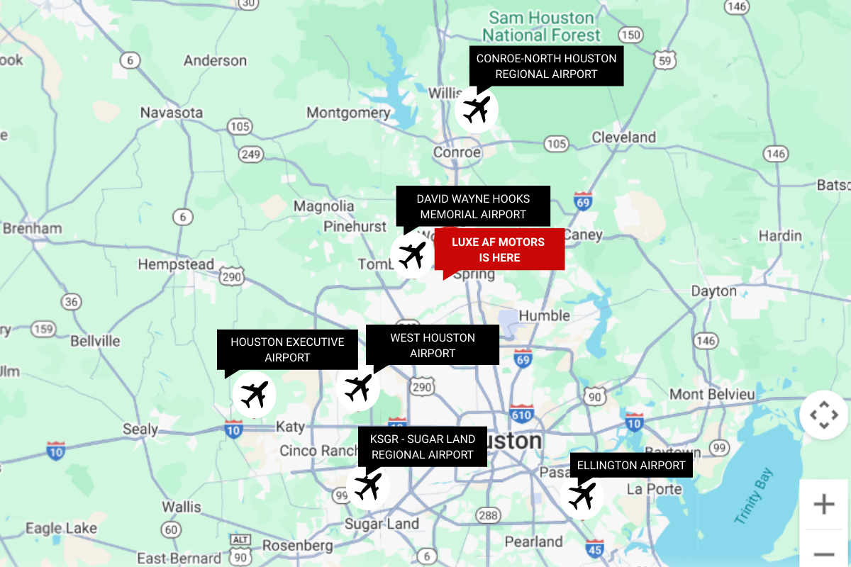 ap showing the location of Luxe AF Motors warehouse at 3344 Spring Stuebner Rd, Spring, TX 77389, with nearby private airports and driving distances listed, including Houston Hobby, Ellington Field, Sugar Land Regional, and others.