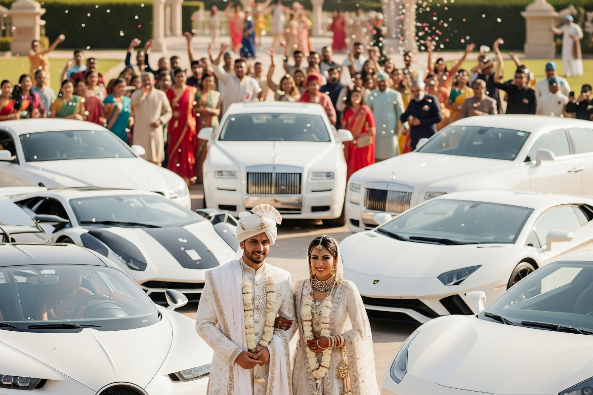 Indian bride and groom in traditional wedding attire smiling and holding hands, surrounded by luxury white sports cars and a large crowd of wedding guests celebrating with confetti outdoors.