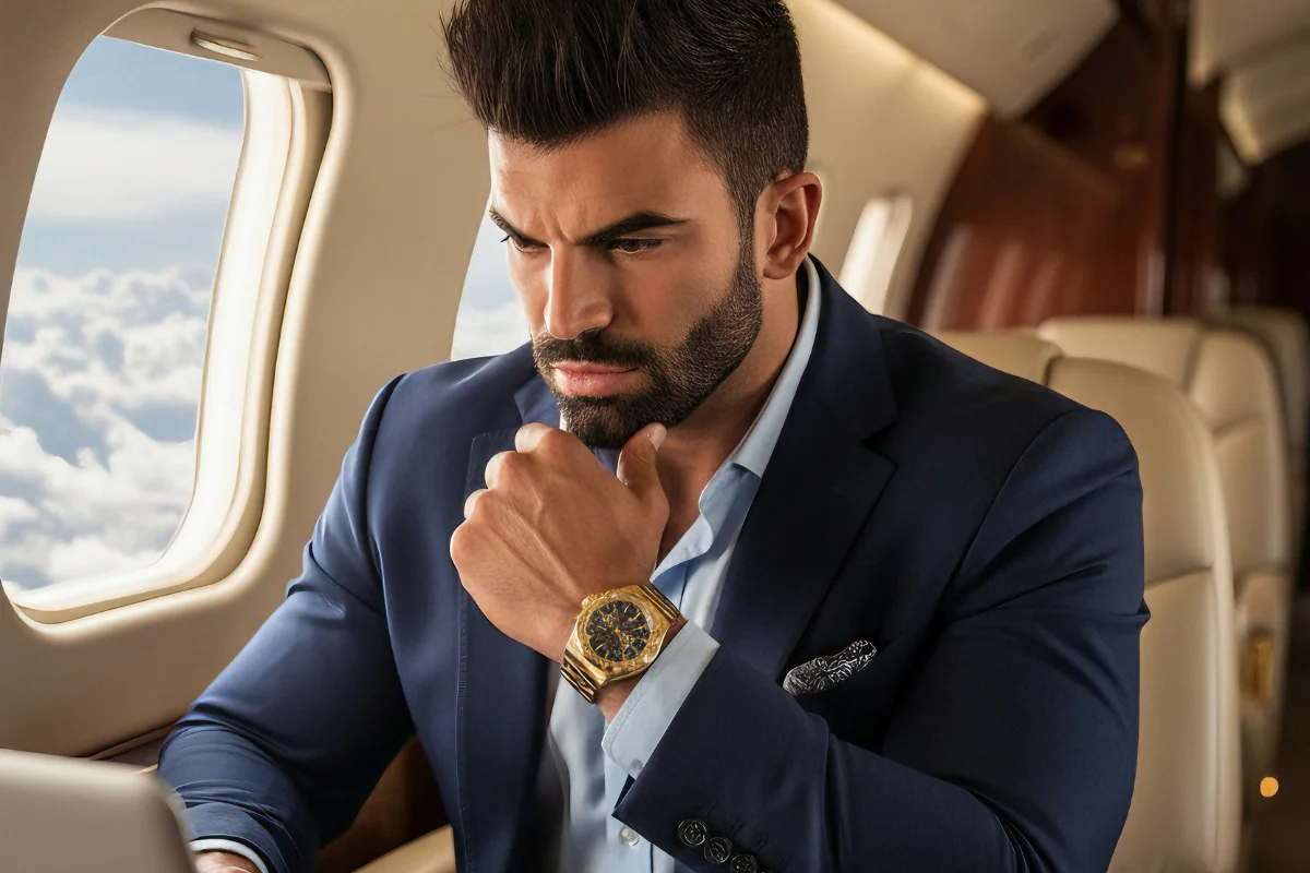 Man in an upscale suit with a luxury watch, deep in thought while working on his laptop inside a private jet.