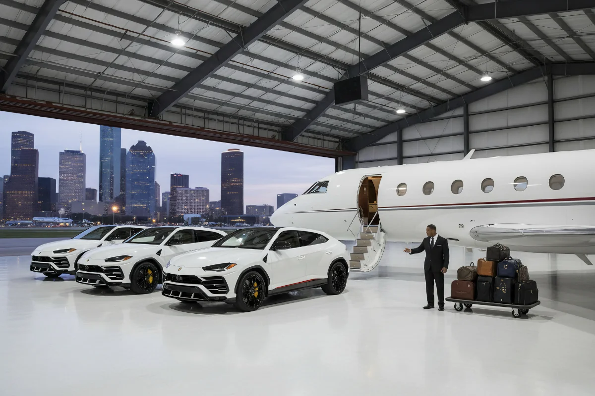 Upscale magazine-cover-worthy image of three luxury cars parked in a private jet hangar next to a private jet with stairs down, an executive chauffeur, and luggage placed near the plane.