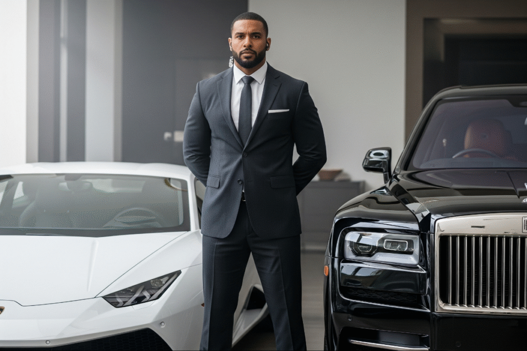 Private security officer in a suit standing between a white Lamborghini and a Rolls-Royce.