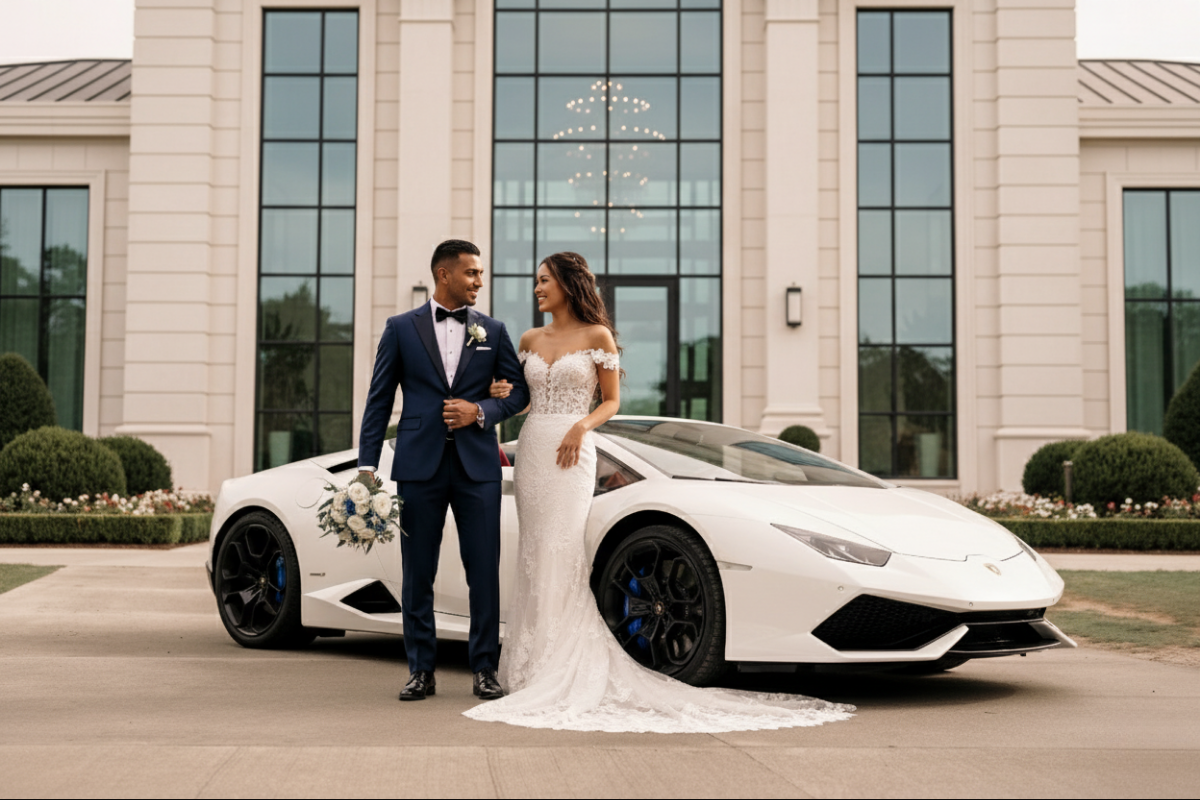 Lamborghini Huracan Evo parked behind a bride and groom taking photos in front of a modern wedding venue.