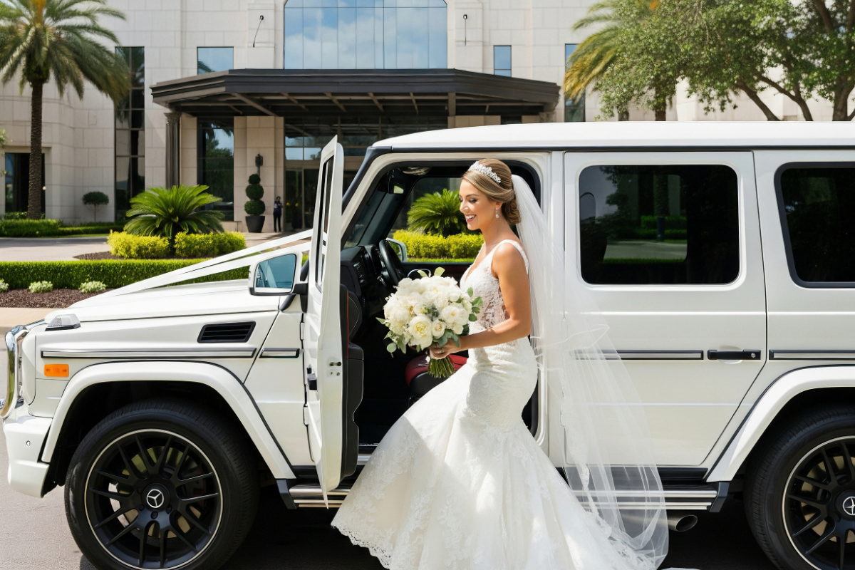 Bride in a wedding dress stepping out of a white Mercedes-Benz G63 AMG parked in front of an upscale hotel entrance.