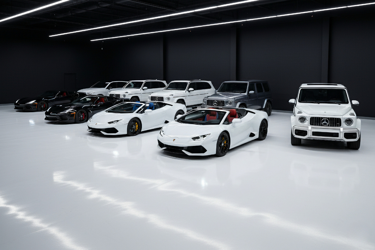 A lineup of luxury vehicles including Lamborghini, Corvette, and Rolls-Royce models, parked inside a modern warehouse with sleek white flooring and dramatic lighting.