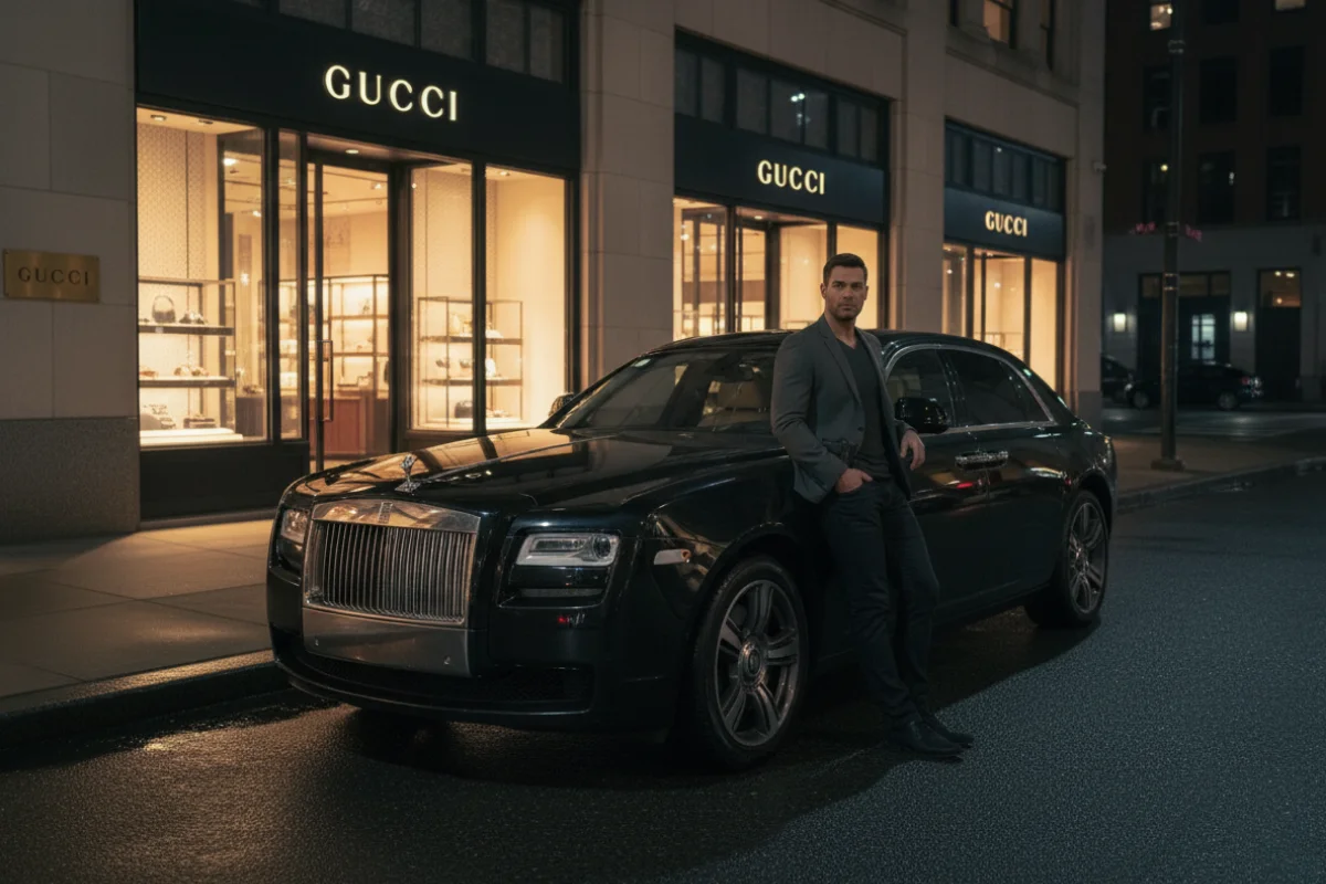 Discreet private security agent leaning against a Rolls-Royce Ghost outside the Gucci store at night, looking away from the storefront.