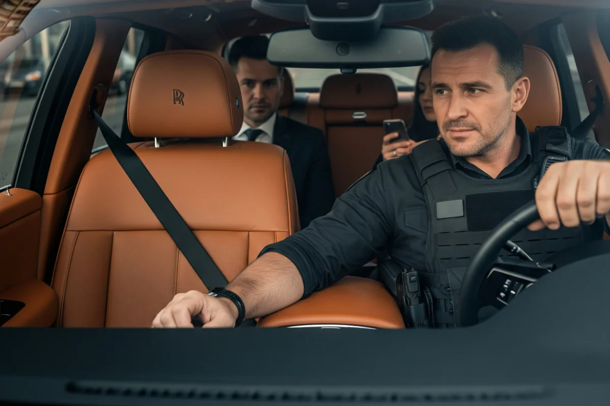 Off-duty private security specialist driving a Rolls-Royce with a male and female seated in the rear.