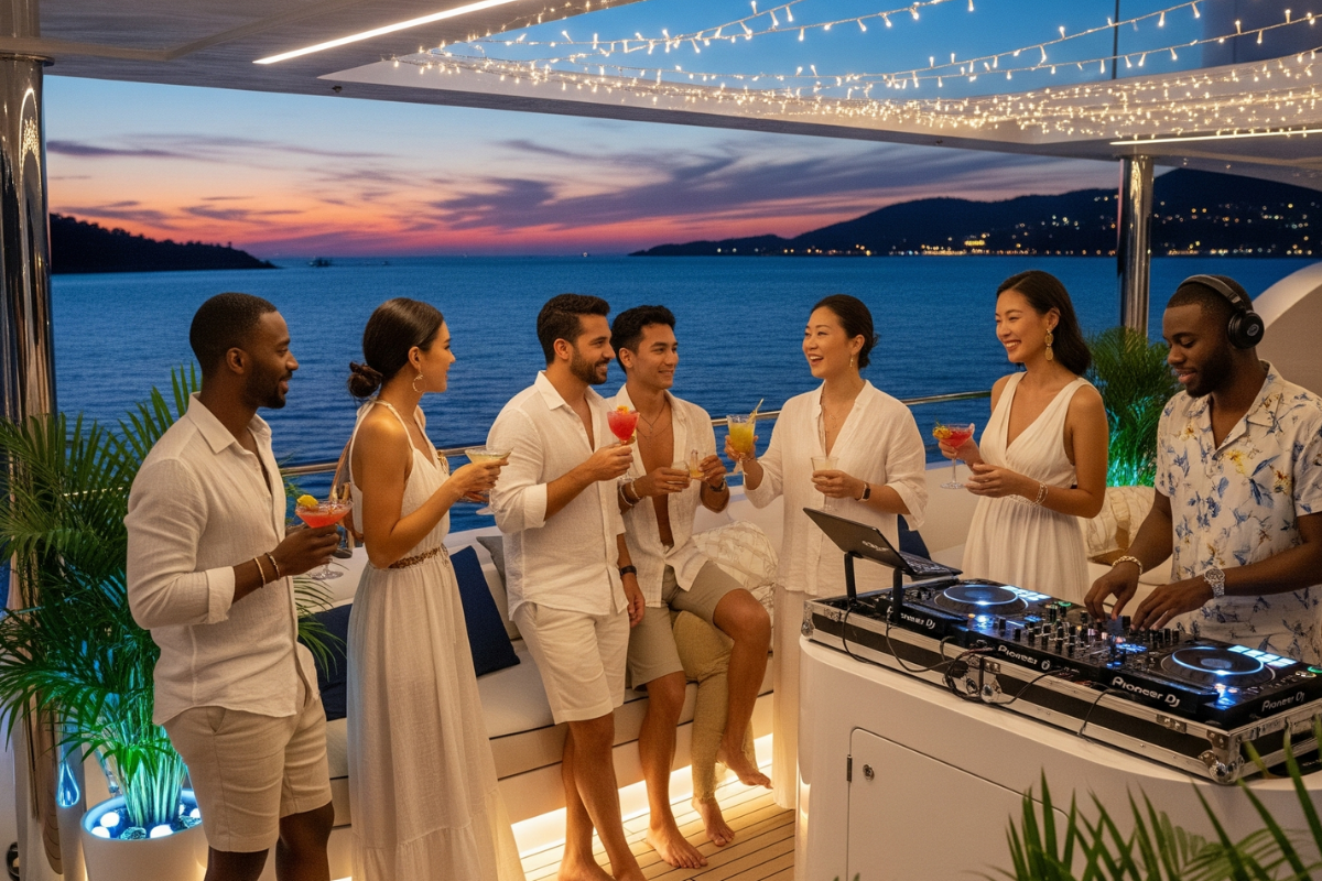 A group of friends enjoying cocktails and dancing on a yacht deck during sunset, with a scenic view of the ocean and island in the background.