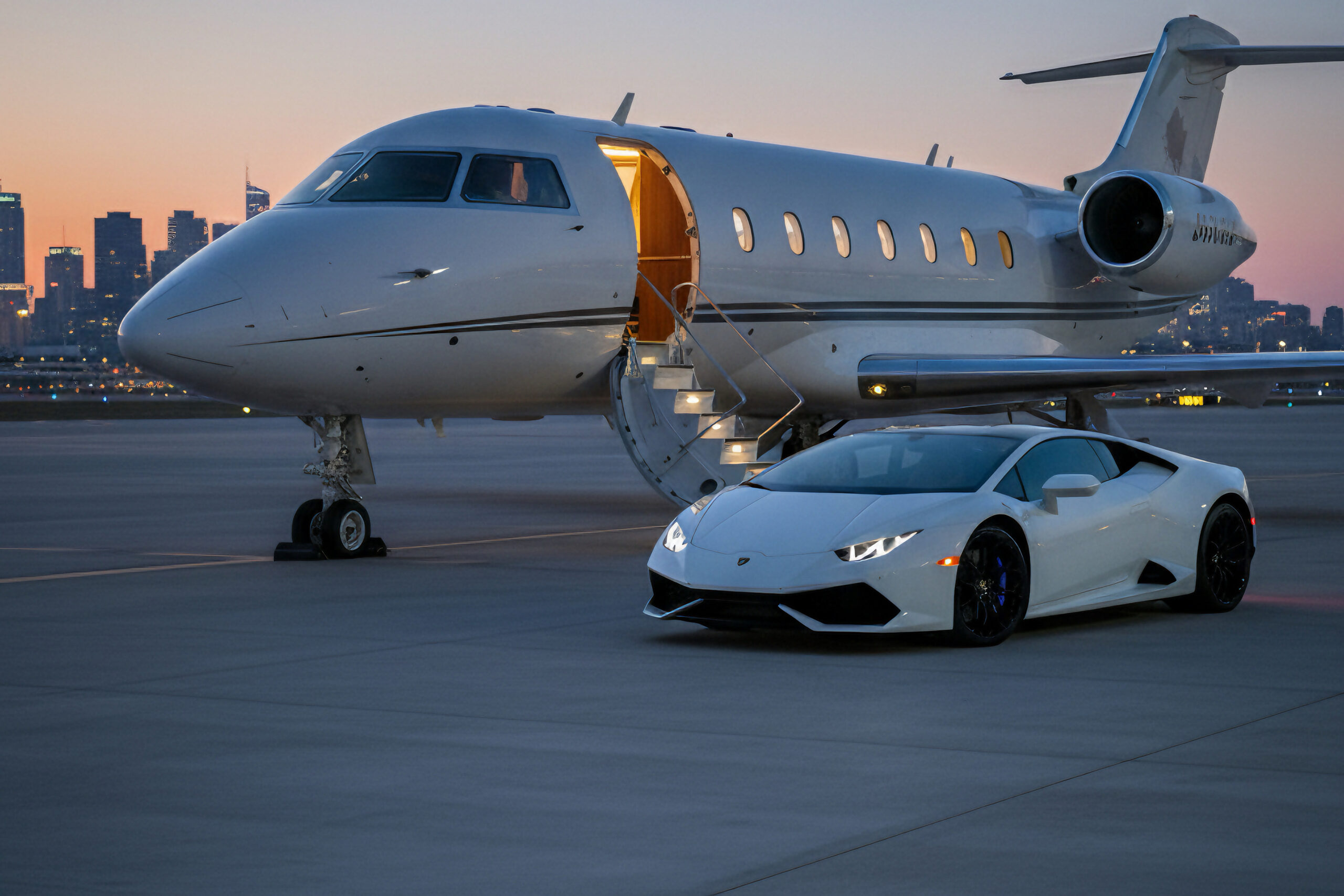 Private jet travel with Lamborghini Huracan Evo