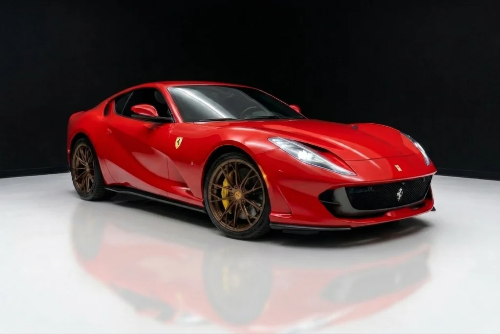 Front three quarter view of a pristine red Ferrari 812 Superfast exotic sports car featuring custom bronze wheels in a well lit showroom.