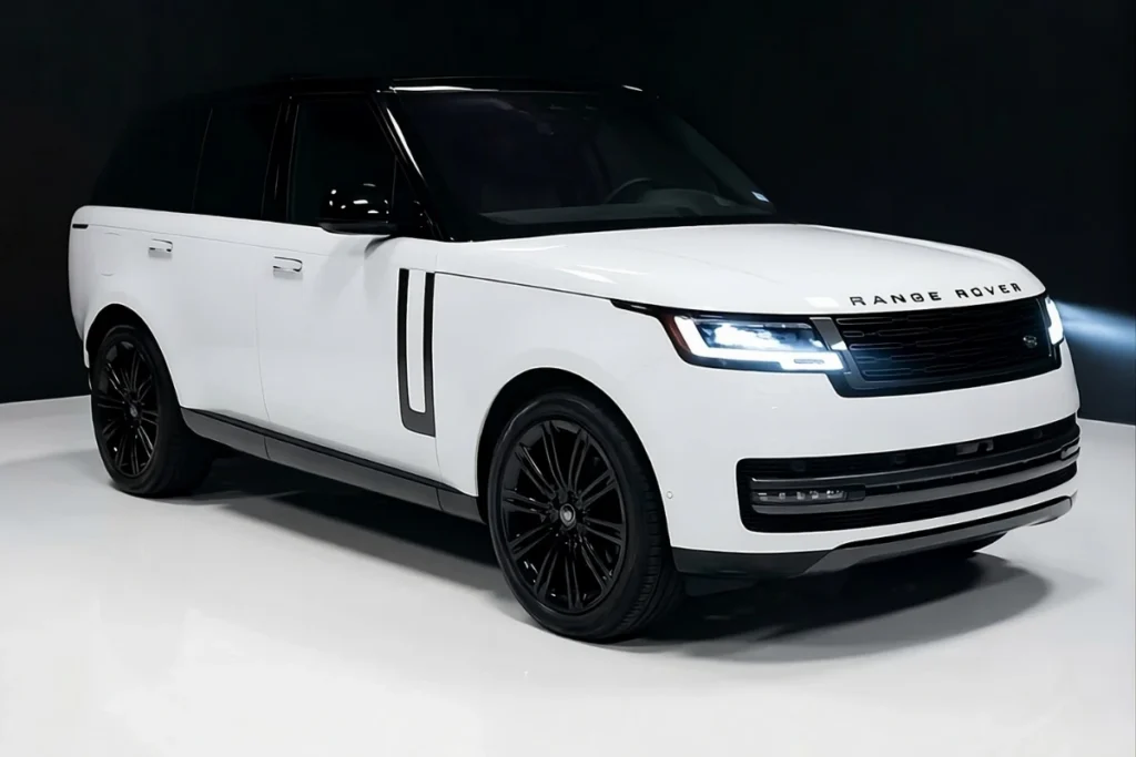 Land Rover Range Rover in white, showing sporty SUV profile and bold front grille.