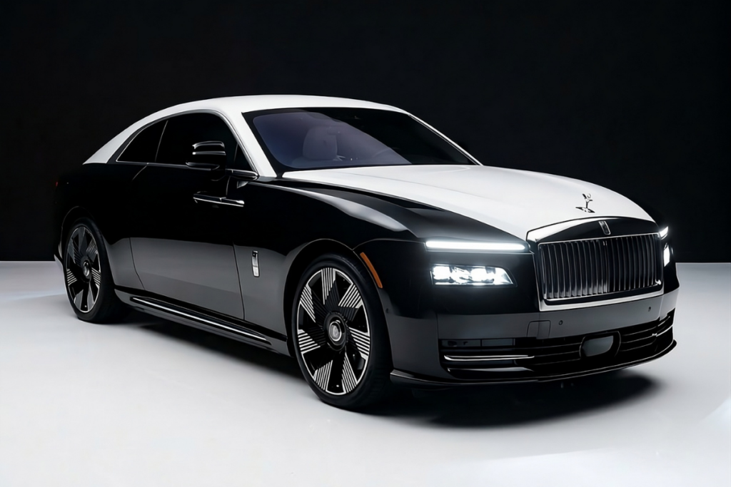 Rolls‑Royce Spectre in two-tone black and white in Houston, showing sleek coupe profile.