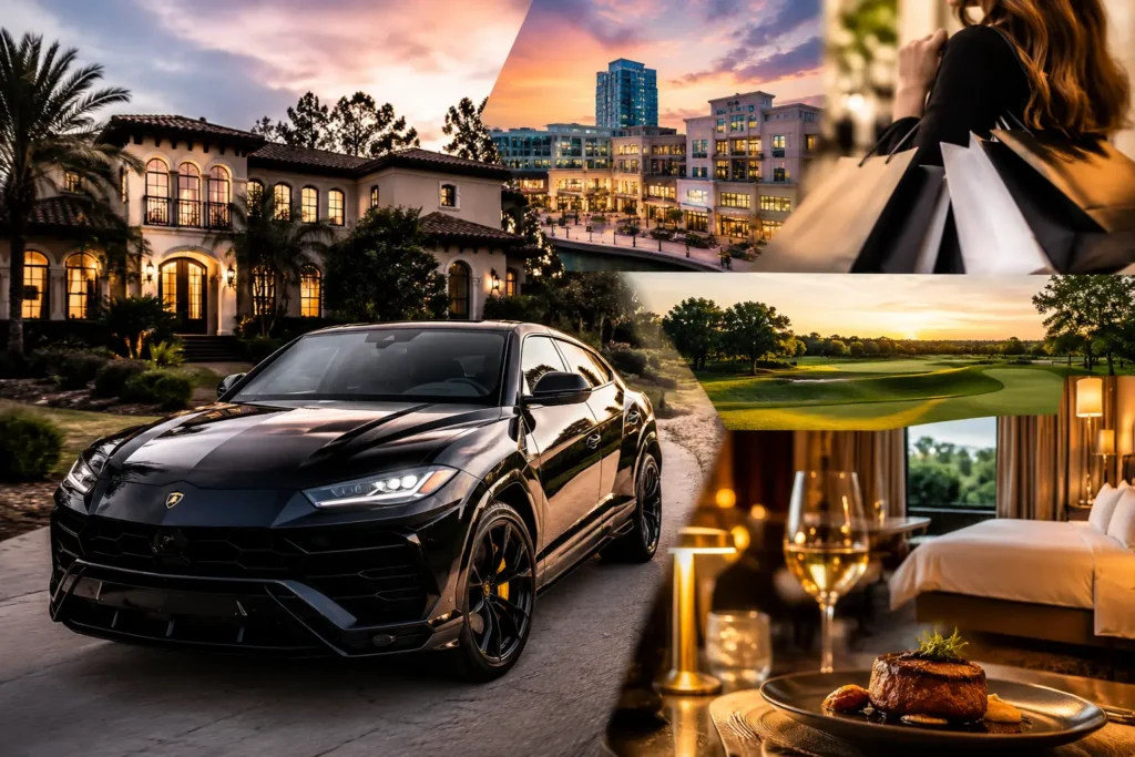 A cinematic luxury travel collage featuring a black Lamborghini SUV, an upscale villa, luxury hotel suite, fine dining, golf course, designer shopping, and a vibrant cityscape, representing a week-long luxury getaway in Spring, Texas.