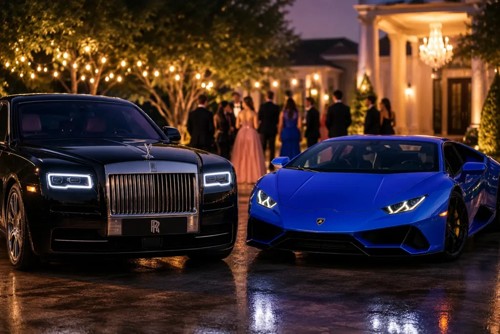 Black Rolls-Royce and blue Lamborghini parked outside an elegant venue at night, showcasing luxury transportation for prom night in Spring, Texas.