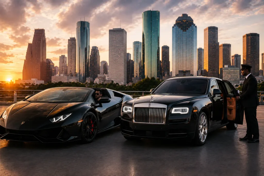 Luxury Lamborghini and Rolls-Royce-style sedan in Houston, showing the choice between driving an exotic car yourself or using a private chauffeur.