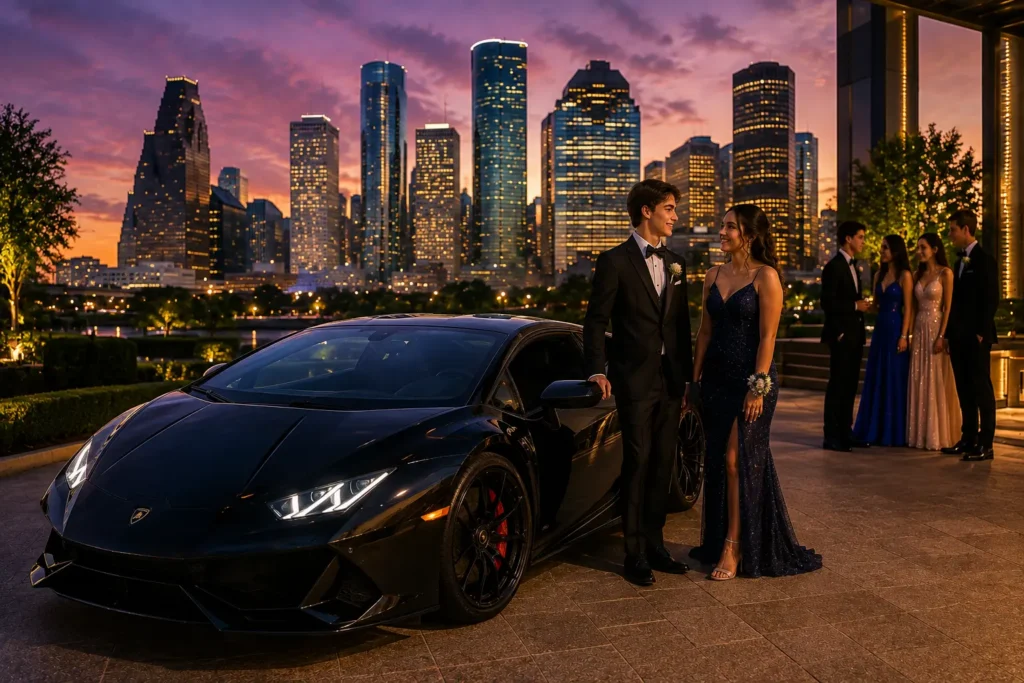 A luxury exotic car parked beside a formally dressed prom couple with the Houston skyline glowing at sunset.