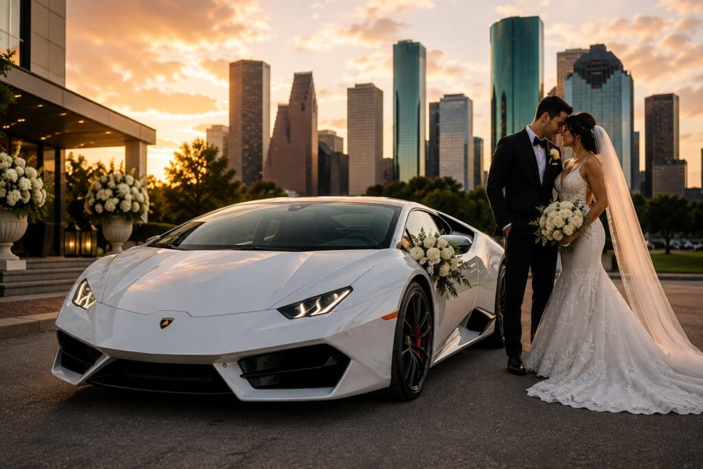 White exotic luxury car with a bride and groom during a Houston wedding at sunset, with the Houston skyline in the background.