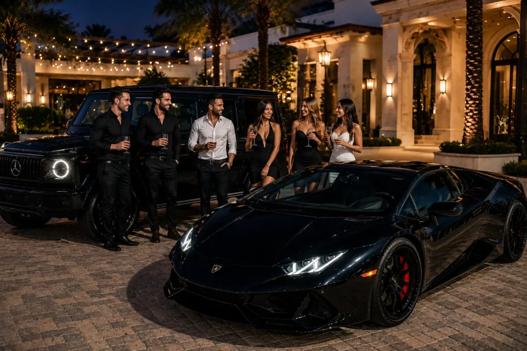 Friends celebrating a bachelor and bachelorette weekend beside a luxury supercar and SUV outside an upscale venue.