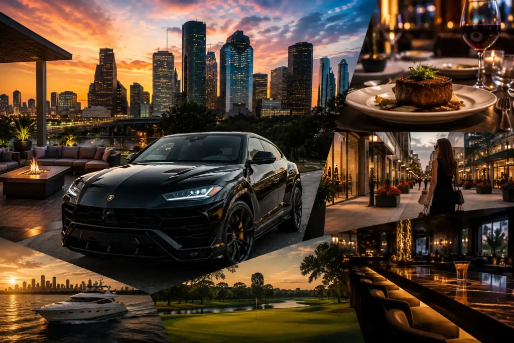 Luxury lifestyle collage featuring a black Lamborghini Urus, the Houston skyline at sunset, fine dining, rooftop lounge, upscale shopping, luxury yacht, golf course, and elegant cocktail bar.