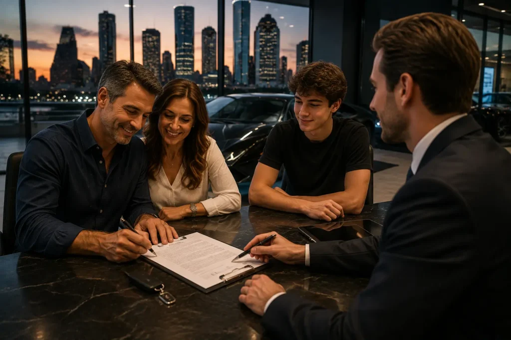 Parents reviewing and signing an exotic car rental agreement with their teenager and a rental representative.