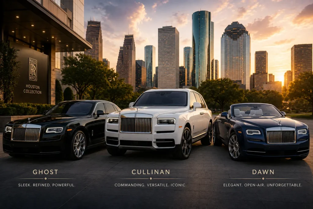 Three luxury Rolls-Royce vehicles, including a Ghost, Cullinan, and Dawn convertible, parked in front of the Houston skyline at sunset.
