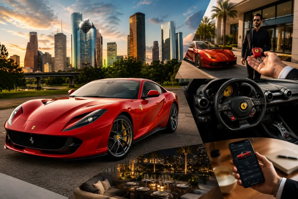 Red Ferrari 812 Superfast parked in an upscale Houston setting, showcasing its sleek design and powerful V12 performance for a luxury exotic car rental experience.