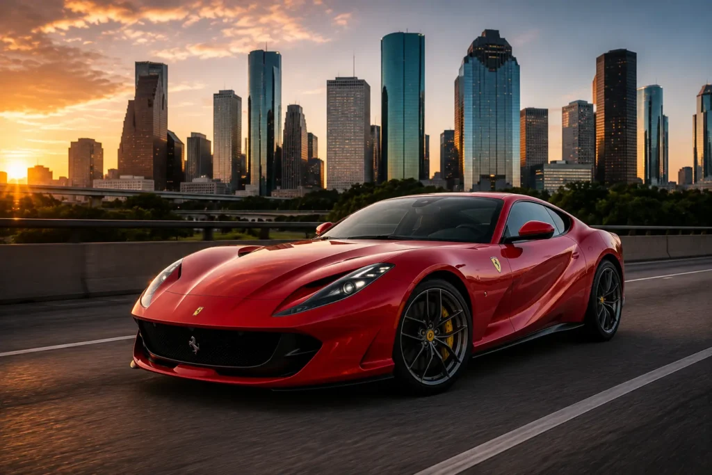 Red Ferrari driving through downtown Houston at sunset with the city skyline in the background, representing luxury and exotic car rentals in Houston, Texas.