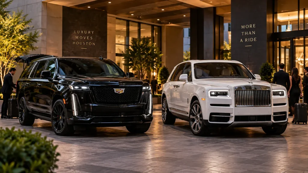 Black Cadillac Escalade and white Rolls-Royce Cullinan parked outside an upscale luxury hotel with guests and luggage.