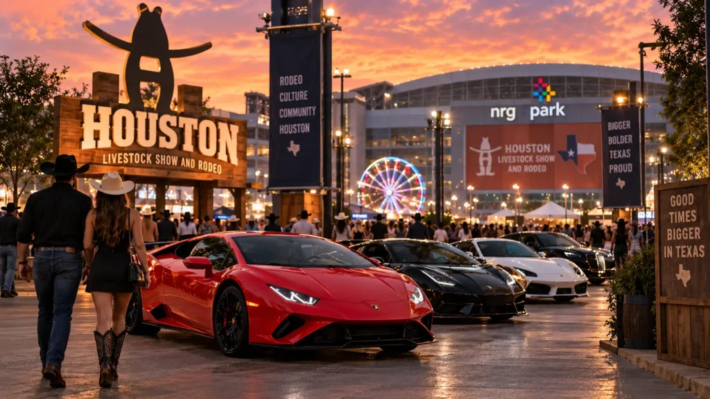 Red exotic sports car parked near the Houston Livestock Show and Rodeo with guests in Western attire.