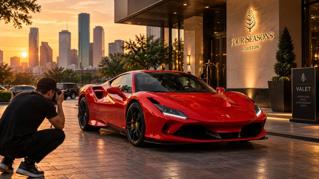 Red Ferrari F8 Tributo being photographed outside an upscale Houston hotel at golden hour.