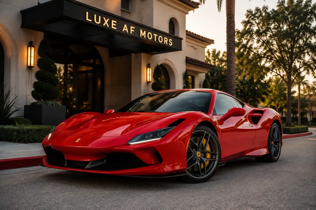 Red Ferrari F8 Tributo parked outside a luxury venue in Houston during golden hour.